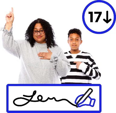 2 people pointing to themselves with a signature icon, and an under-17 icon.