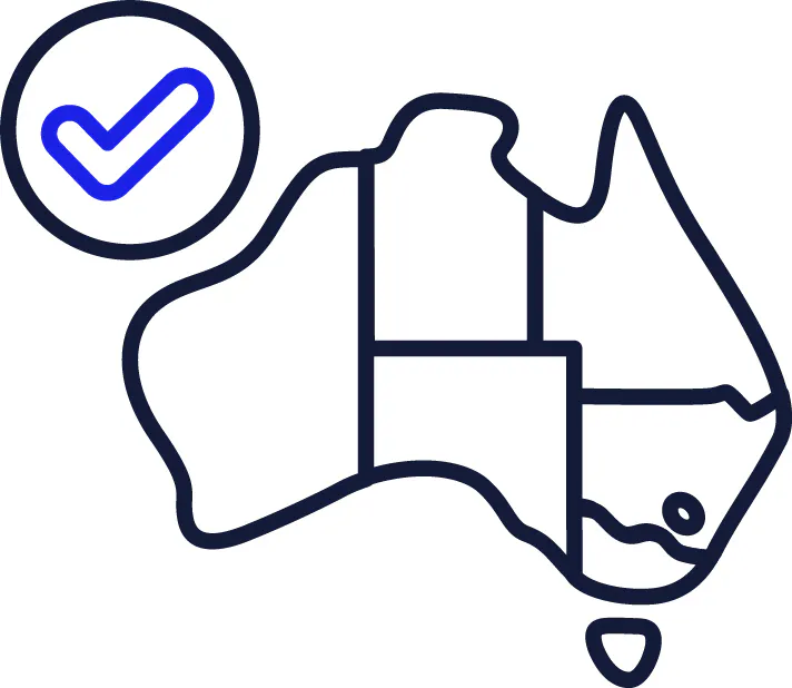 A tick and a map of Australia showing the state and territory borders.