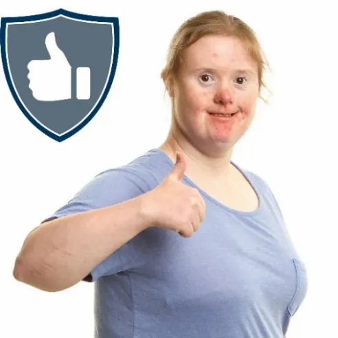 A woman smiling with thumbs up, with a safety icon next to her
