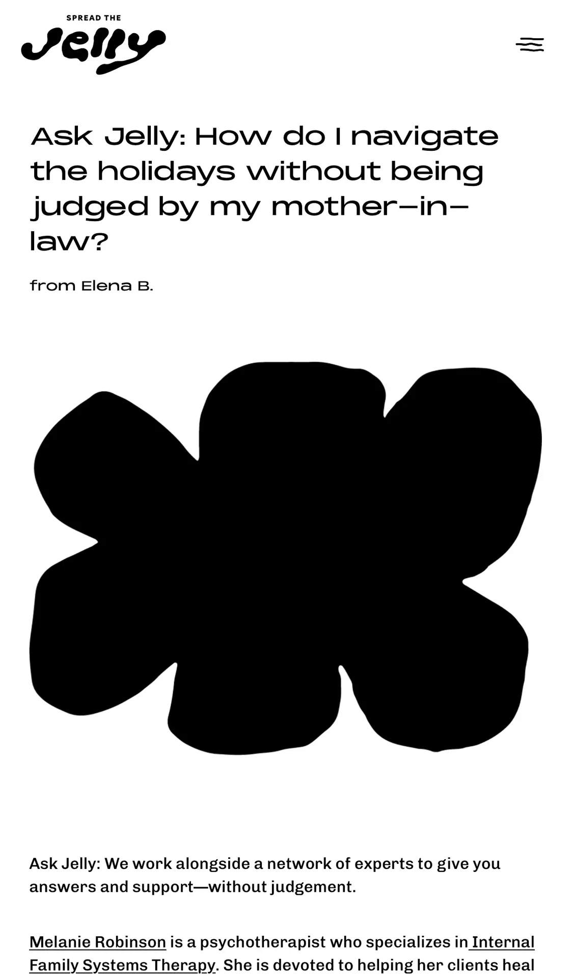 Mobile screen shot of an advice column - the subject is navigating the holidays without being judged by a mother-in-law