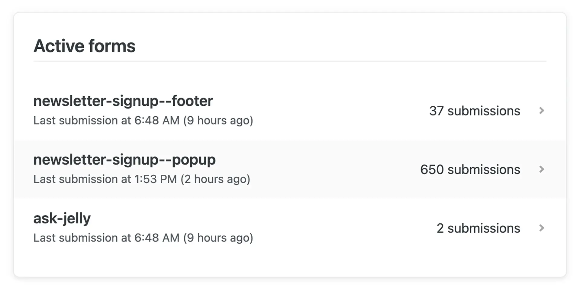 Screenshot from a web server dashboard with a list of active forms and their submission counts
