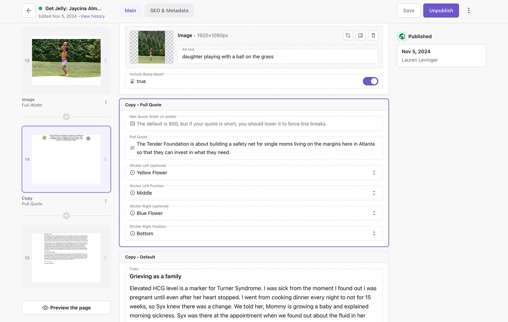 Screenshot of the Prismic page editor, featuring slices and content