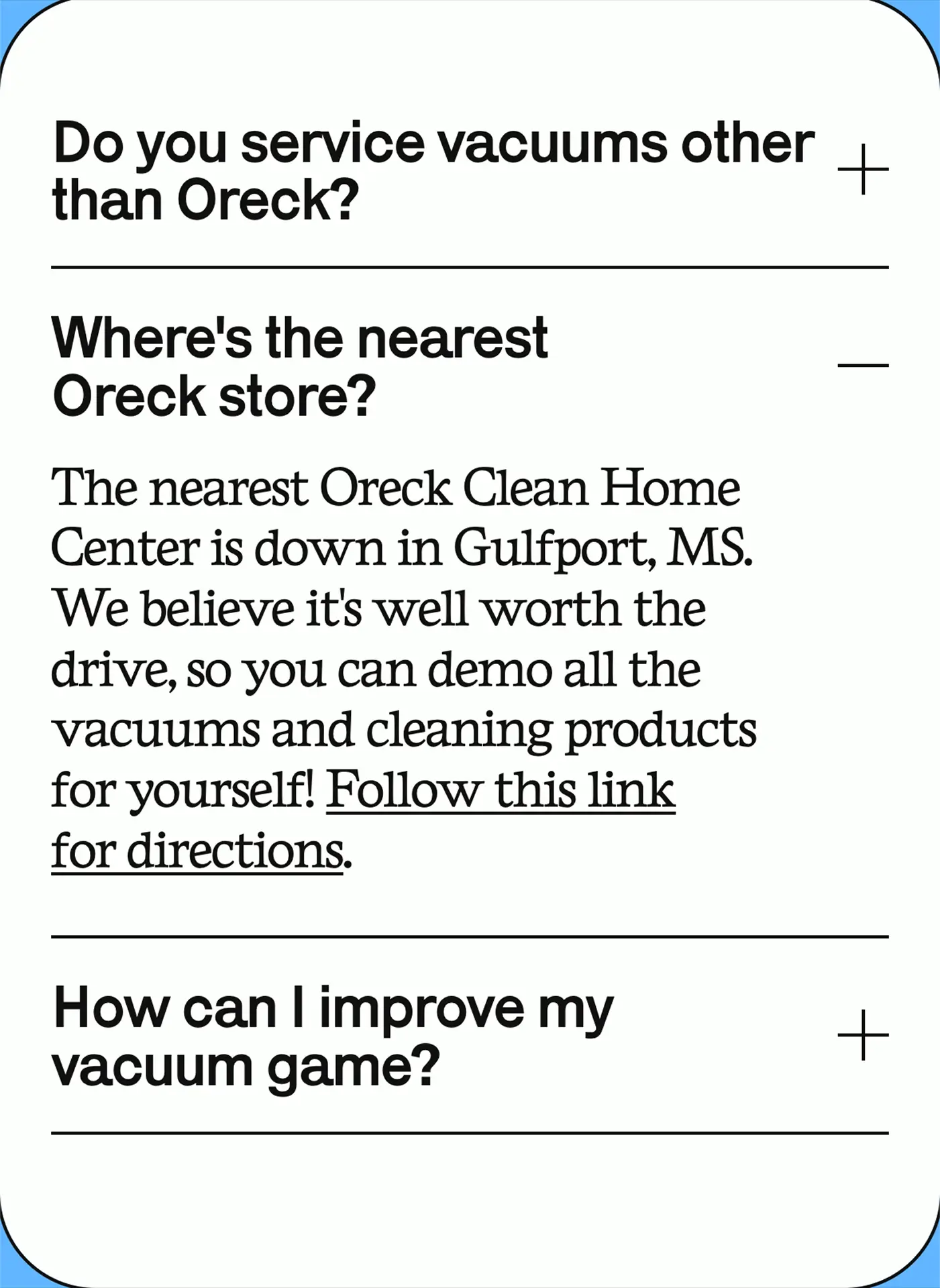 Screenshot of the FAQ section of the Oreck Vacuum Service and Repair website