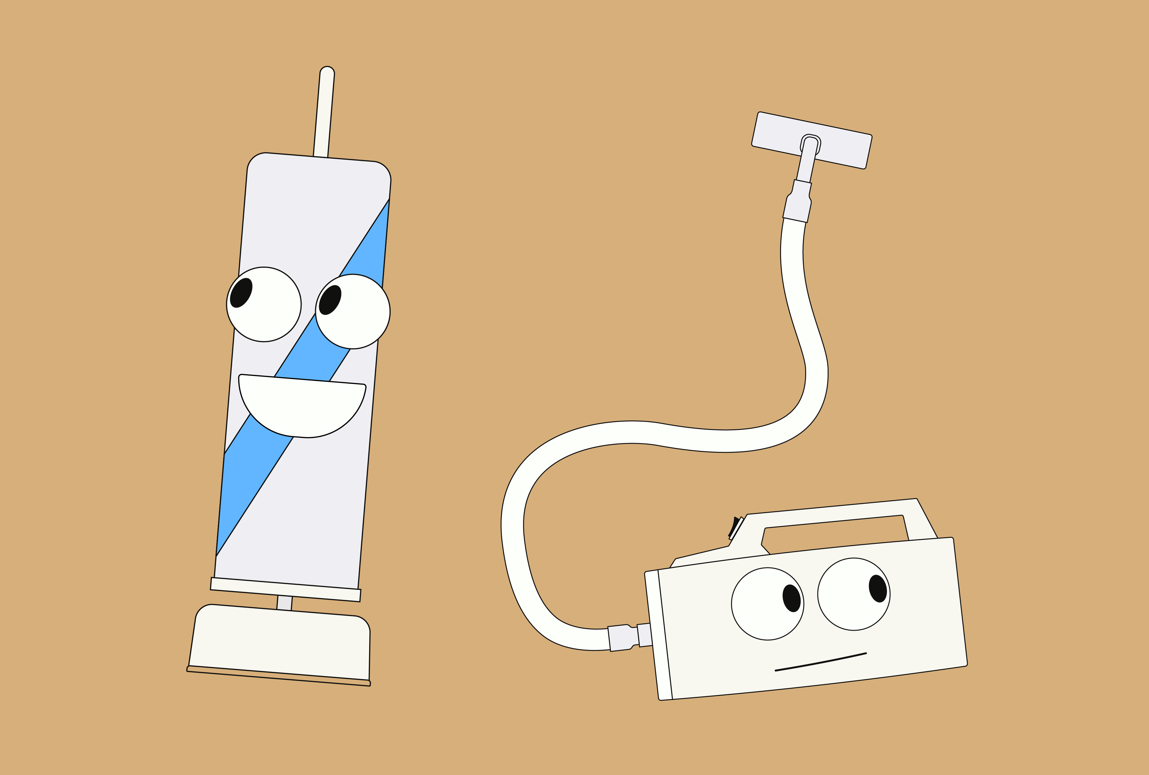 Two-dimensional illustrations of an upright vacuum and a handheld vacuum - both have big cartoon eyes and mouths