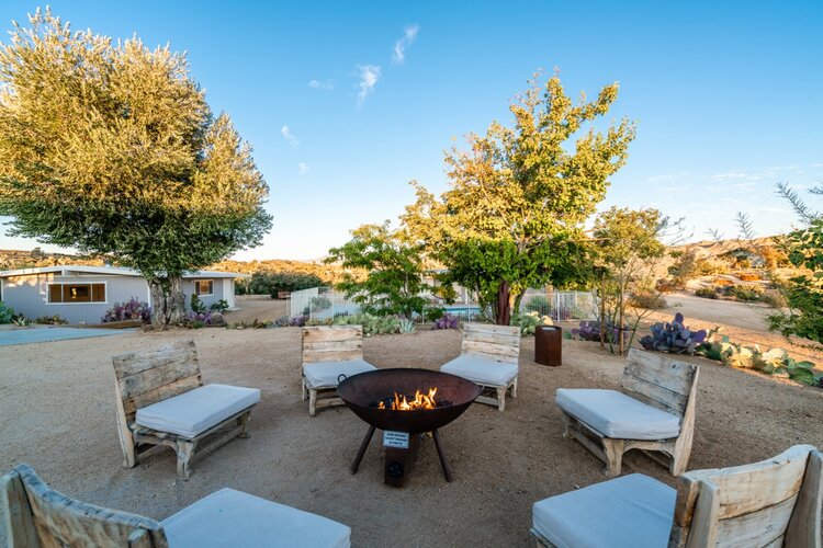 Joshua tree California house backyard fireplace