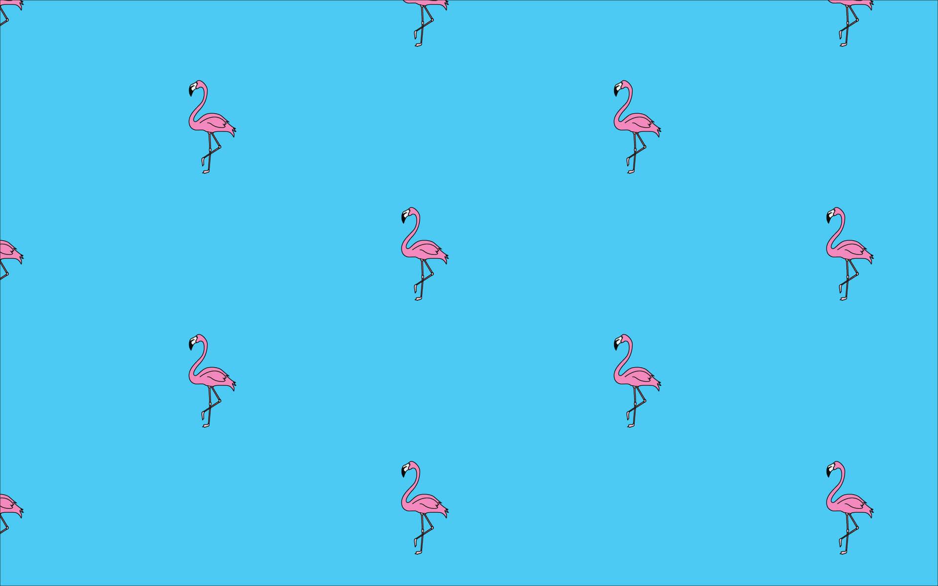 Illustration of flamingos on a blue field.