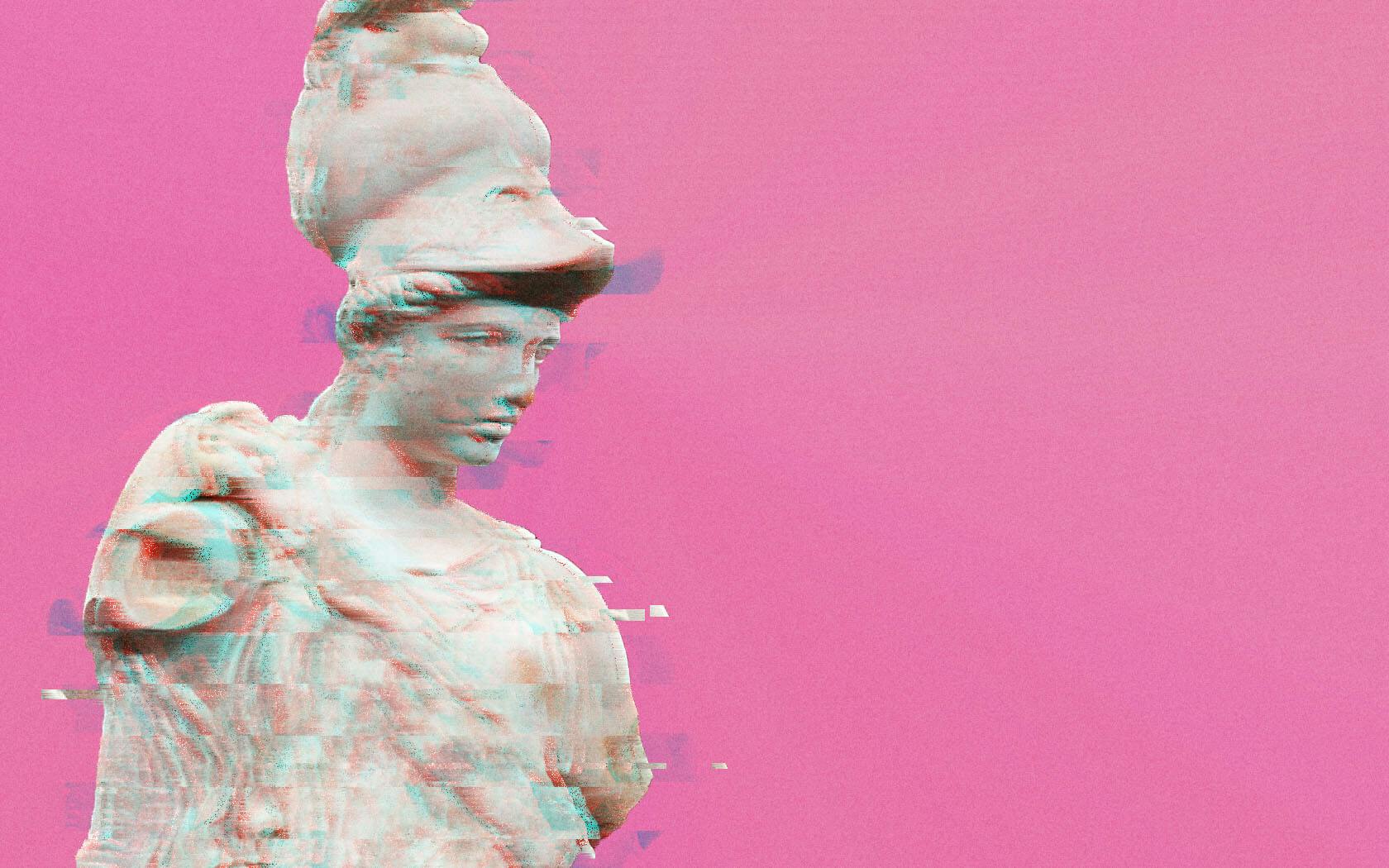 Glitched image of a statue of Athena