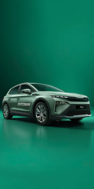 Skoda Elroq in einer grünen Umgebung mit zwei Flamingos