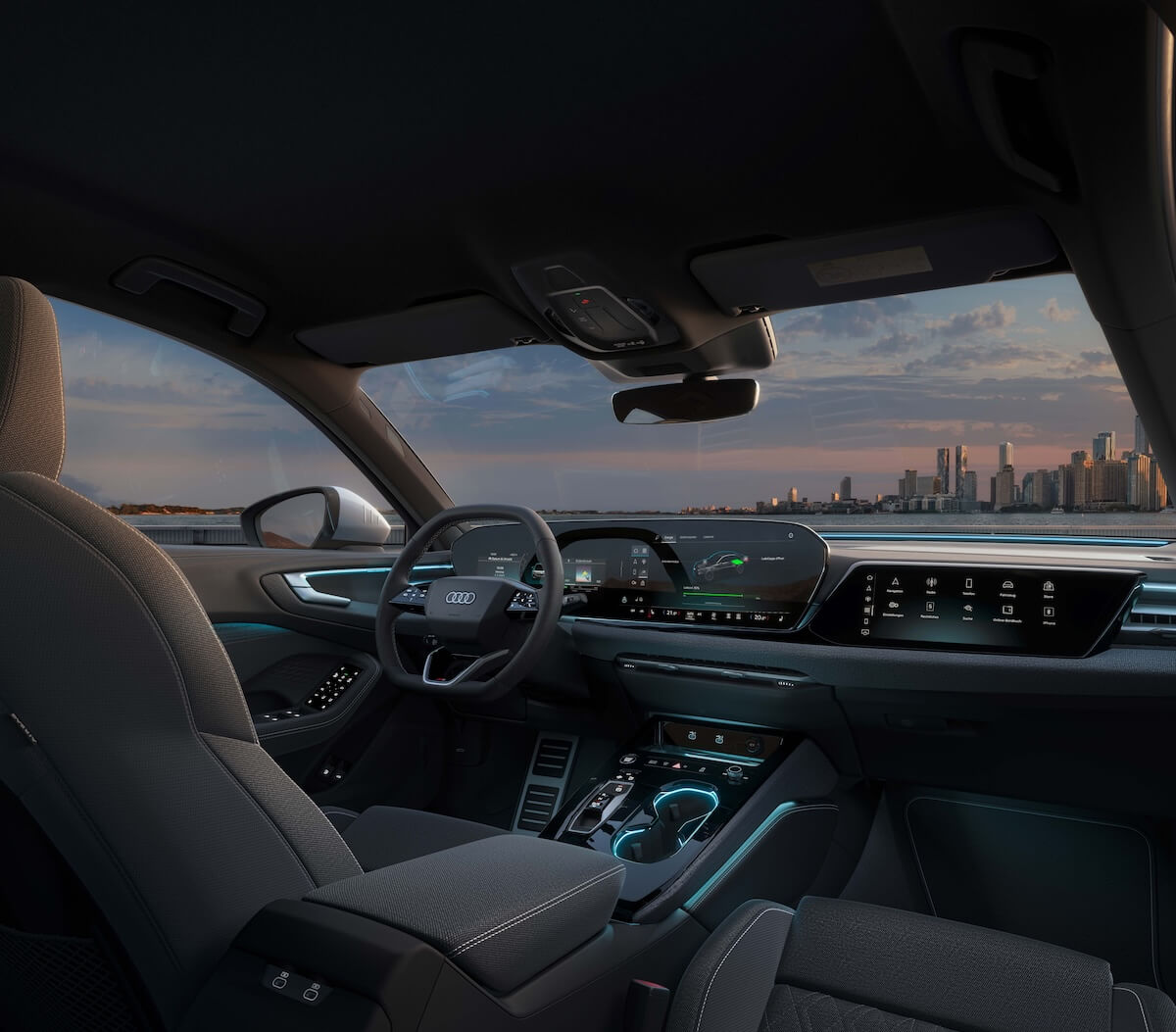 Blick auf Cockpit des Audi A5 mit Skyline im Hintergrund