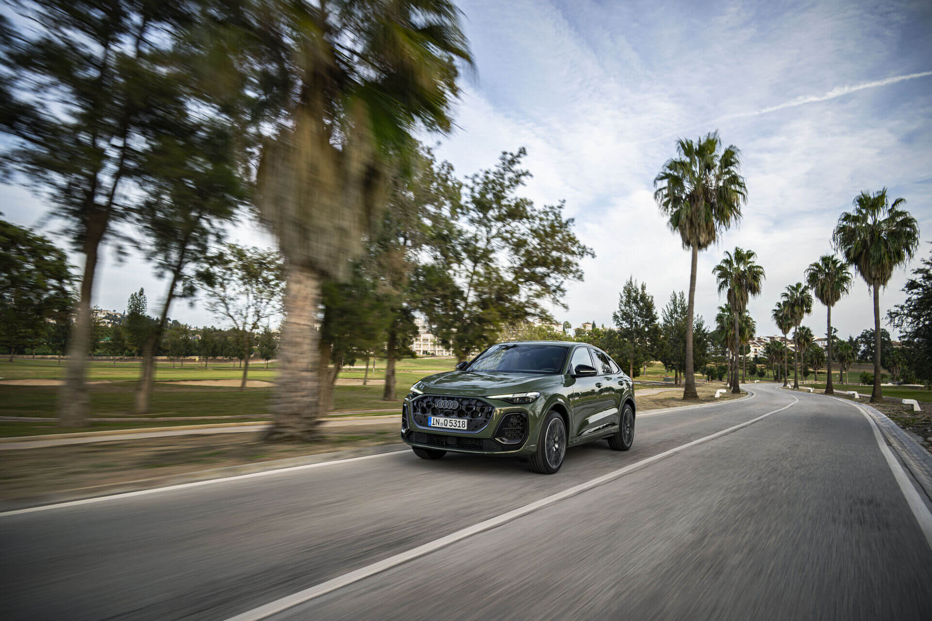 Audi Q5 in distriktgrün metallic, der auf einer Straße fährt