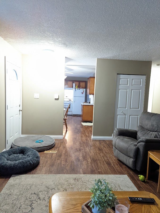 Living room with green walls and small entryway