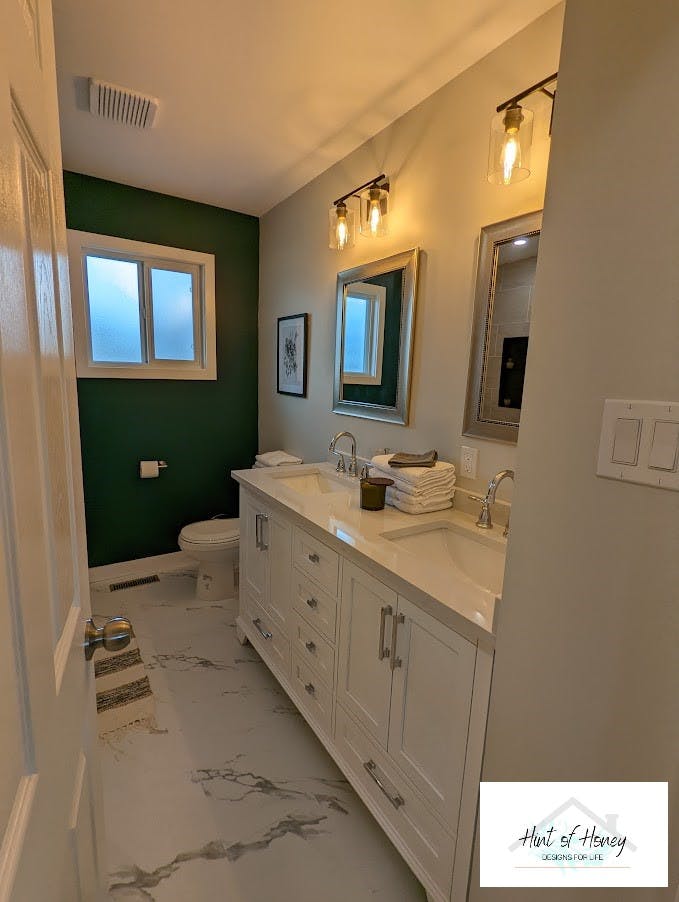 Modern looking dual sink vanity with chic lighting