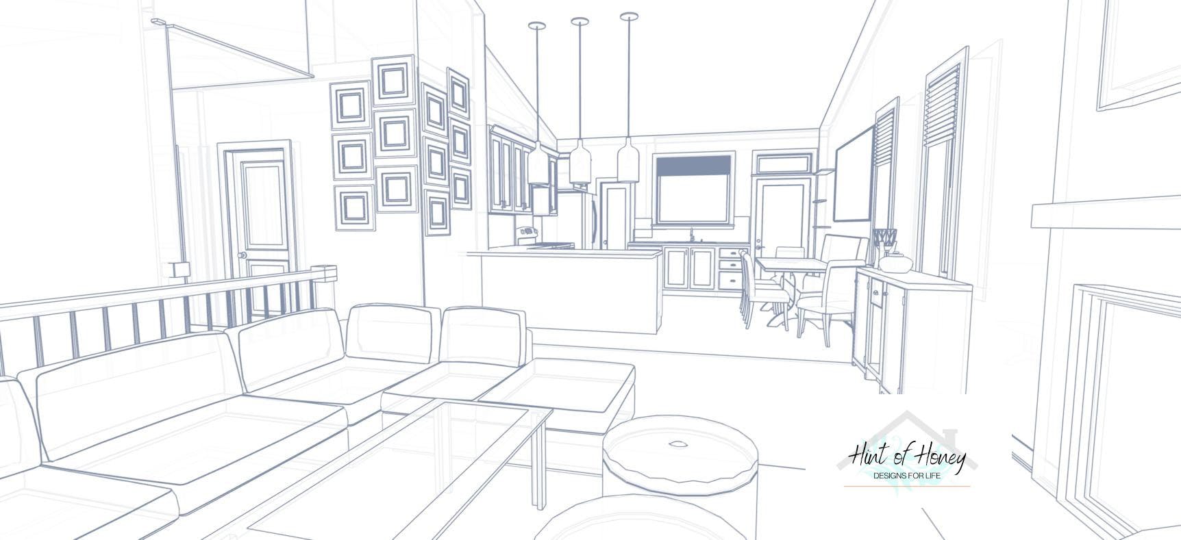 Render of custom living room and kitchen/dining area