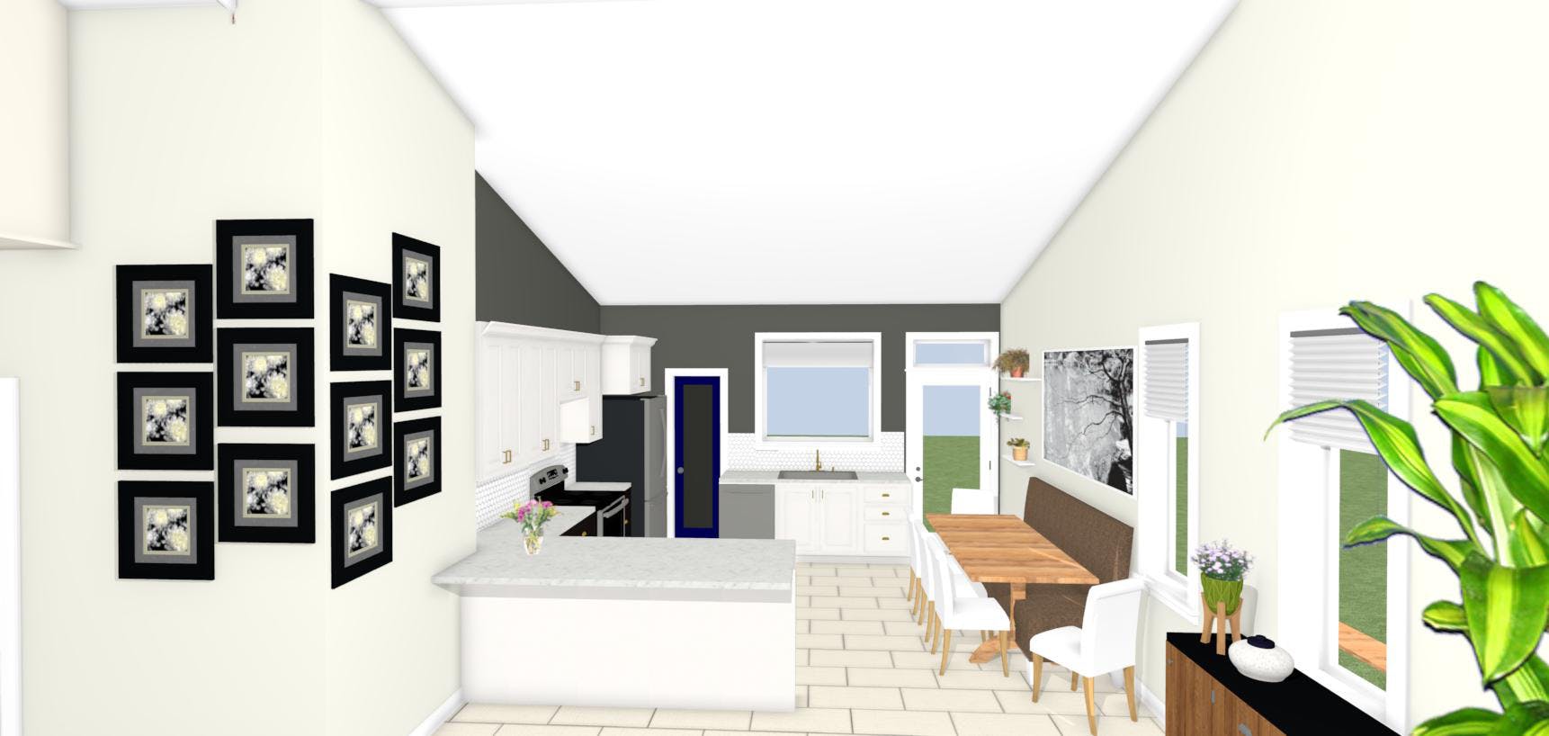 3d render of kitchen and dining room