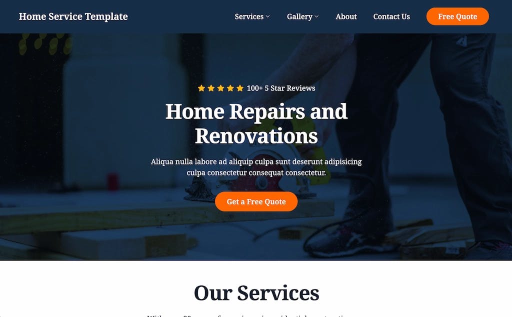 Screenshot of the home services template homepage hero section