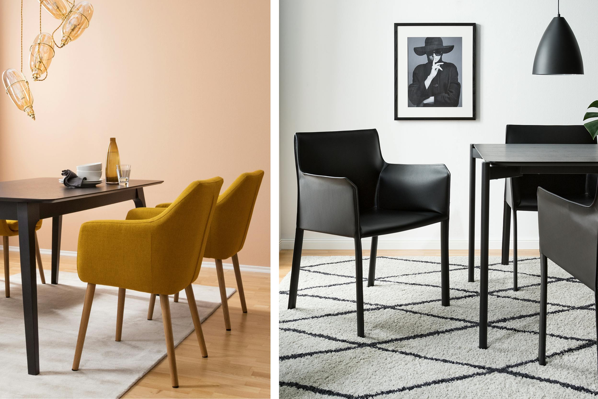 Esszimmer in kontraststarkem Schwarz-Weiß oder schwarzer Tisch mit sonnig gelben Stühlen kombiniert
