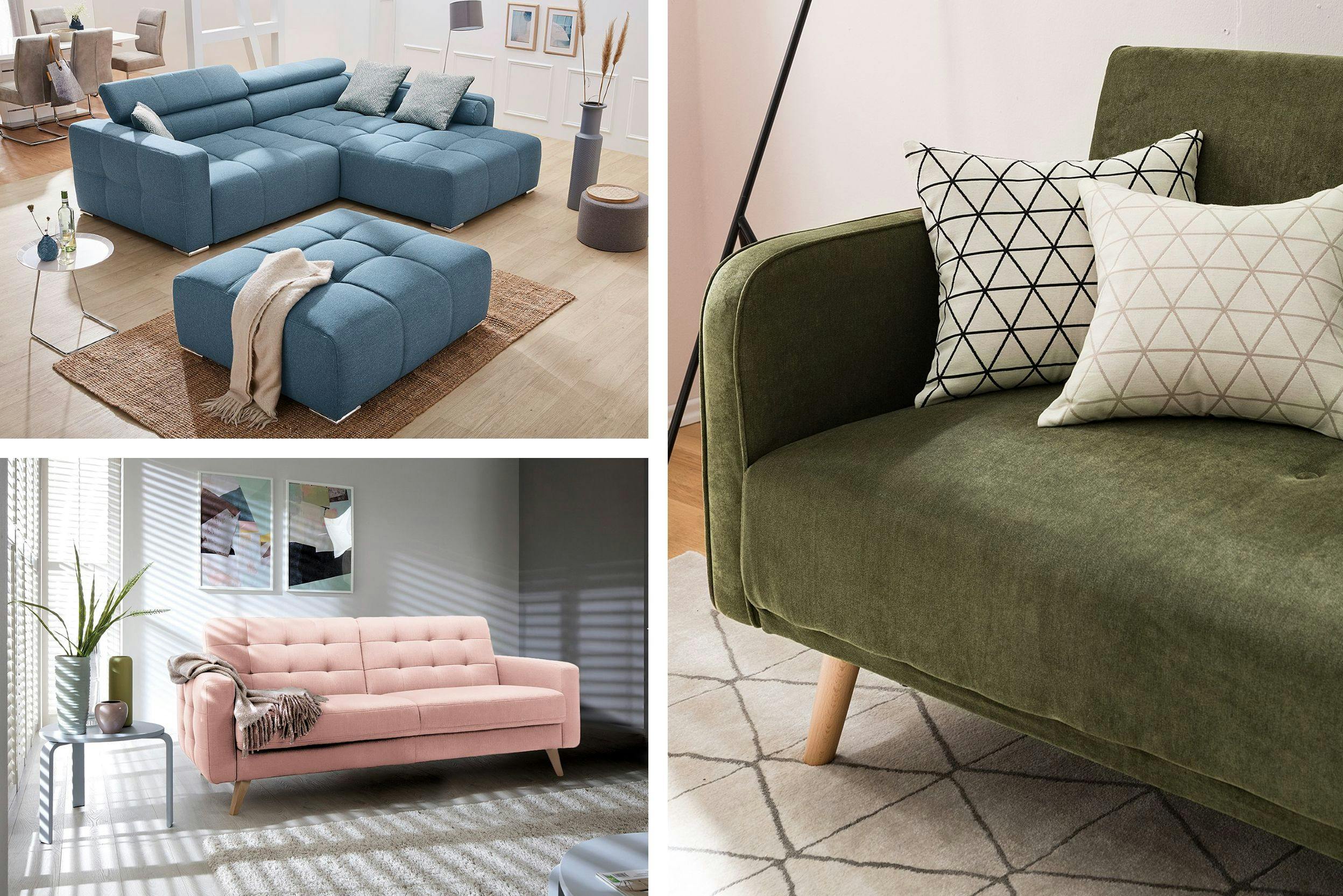 Photos d'un canapé bleu, d'un canapé rose pâle, et d'un canapé vert, vus d'angles différents