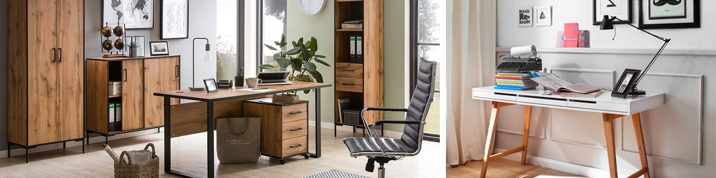 Ideen für Arbeitsplätze mit Regalen und Schränken aus Holz, schwarzem Bürostuhl und weißem, schmalen Arbeitstisch mit schwenkbarer Schreibtischleuchte
