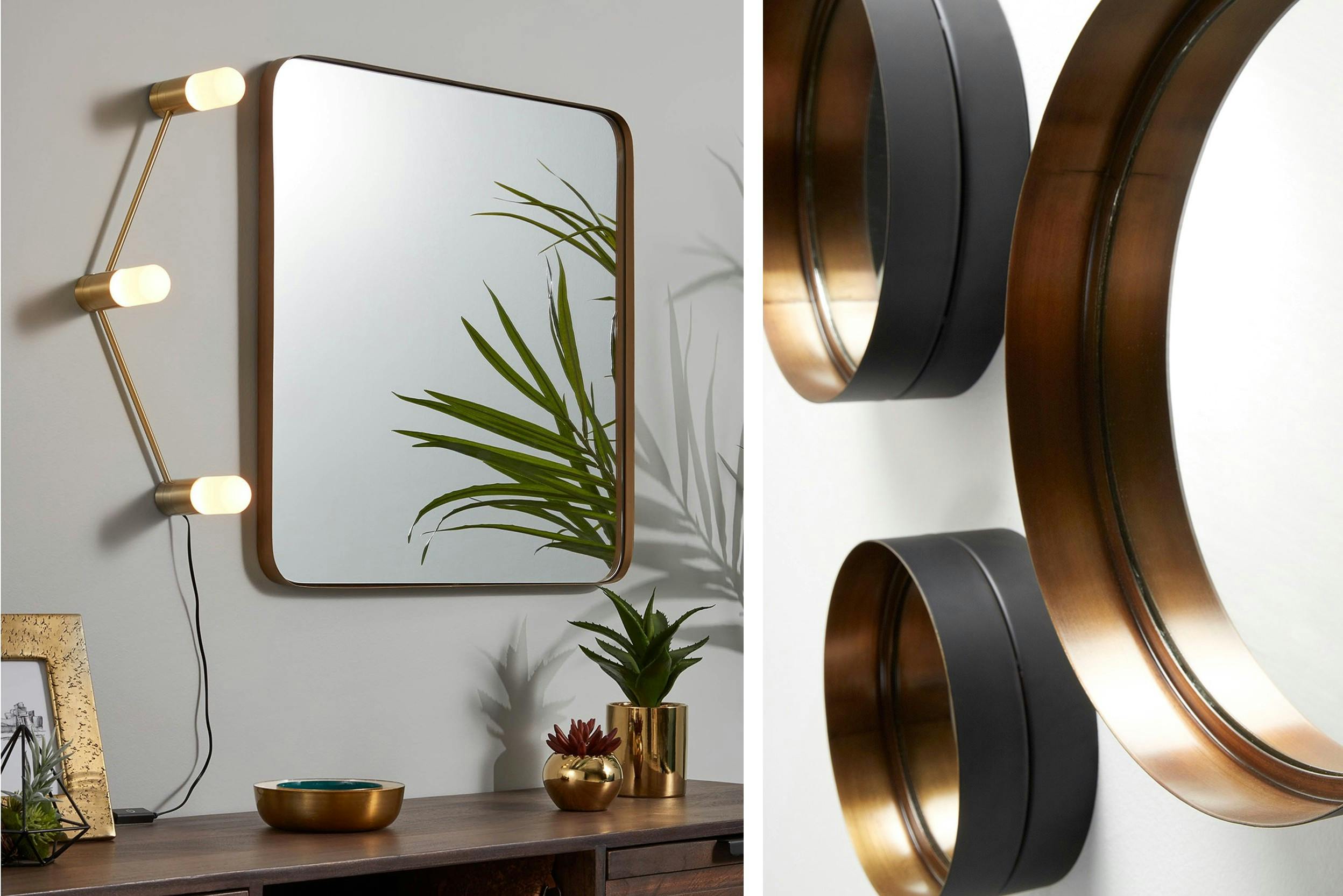 Rechteckiger Wandspiegel mit abgerundeten Ecken (links) und 3er-Spiegelset mit runder Form und schwarzem Rahmen (rechts)