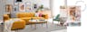 Canapé d'angle jaune vif et fauteuil vert menthe associés à un mobilier scandinave et des motifs graphiques noirs et blancs ; le rose et le jaune très candy crush réveillent joyeusement le coin repas.