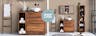 Wellness badkamer ingericht met meubels van massief sheeshamhout uit de exclusieve home24-serie Trangle en accessoires voor je thuisspa, zoals opgerolde handdoeken, verzorgingsproducten en natuurlijke decoratie.