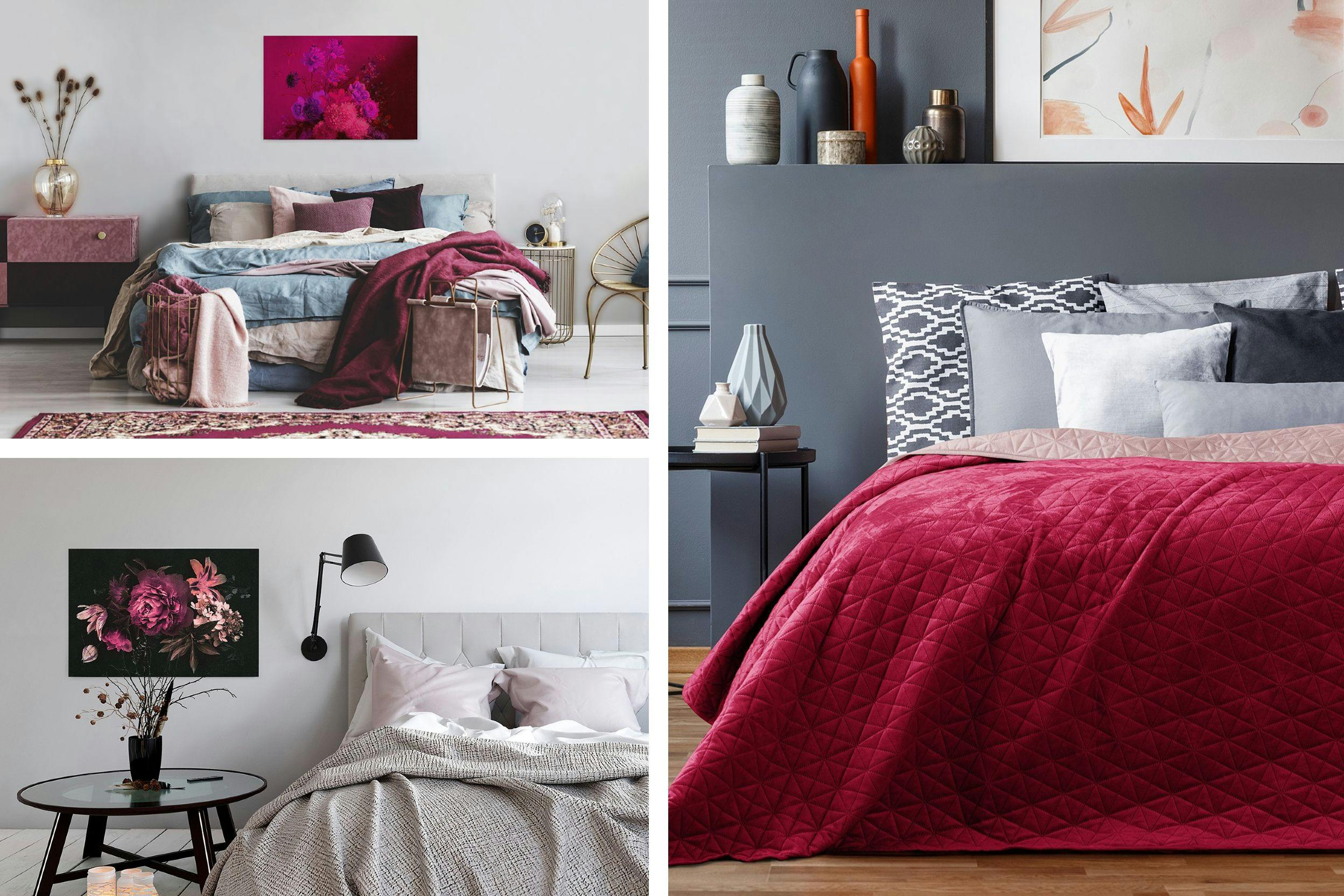 Trois photos de chambres à coucher dans lesquelles le magenta est présent, comme dans un tableau près du lit, ou un couvre-lit