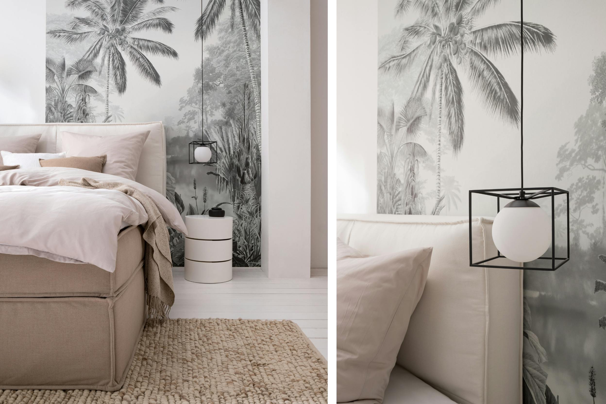 Schlafzimmer in Pastellrosa kombiniert mit moderner Pendelleuchte in Schwarz