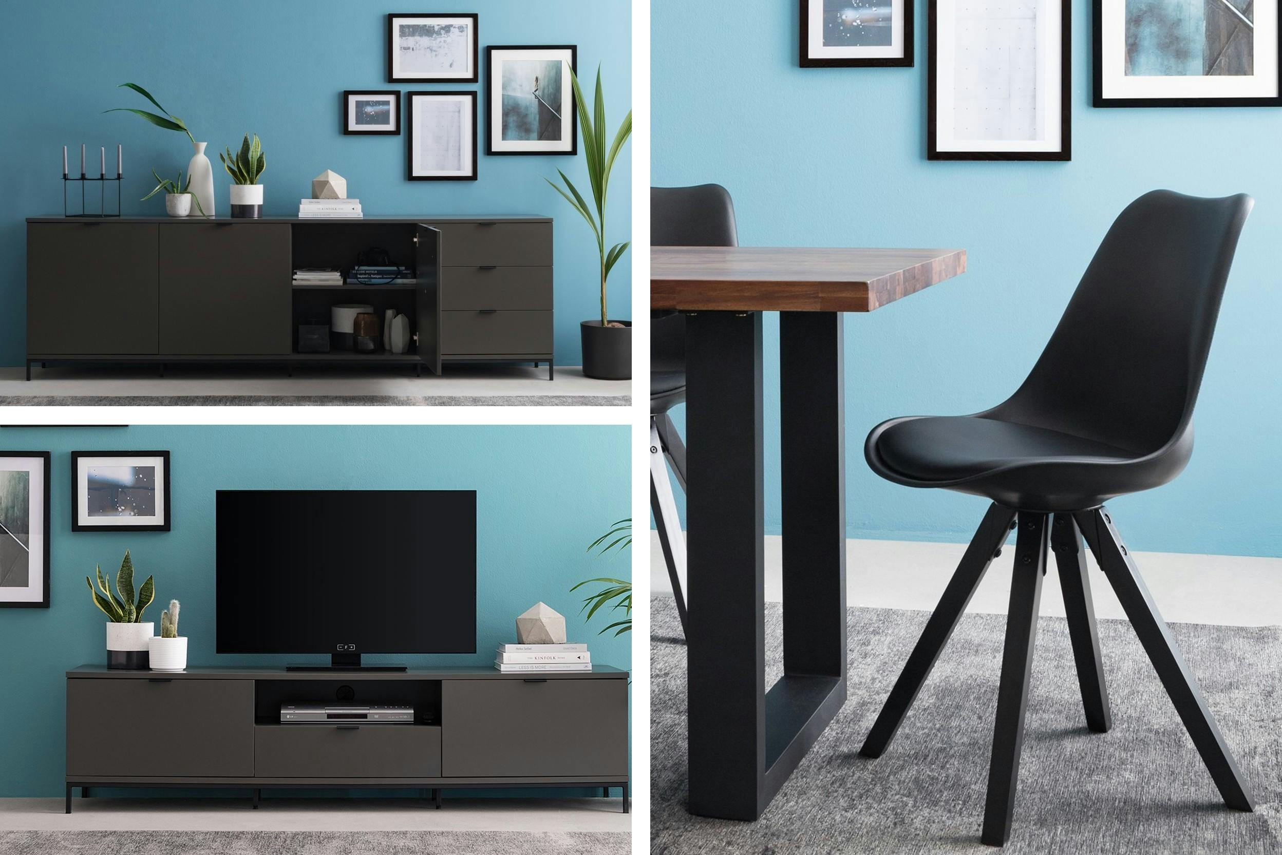 Schwarzes Sideboard und TV-Möbel sowie schwarzer Esszimmerstuhl vor leuchtend blauer Wand