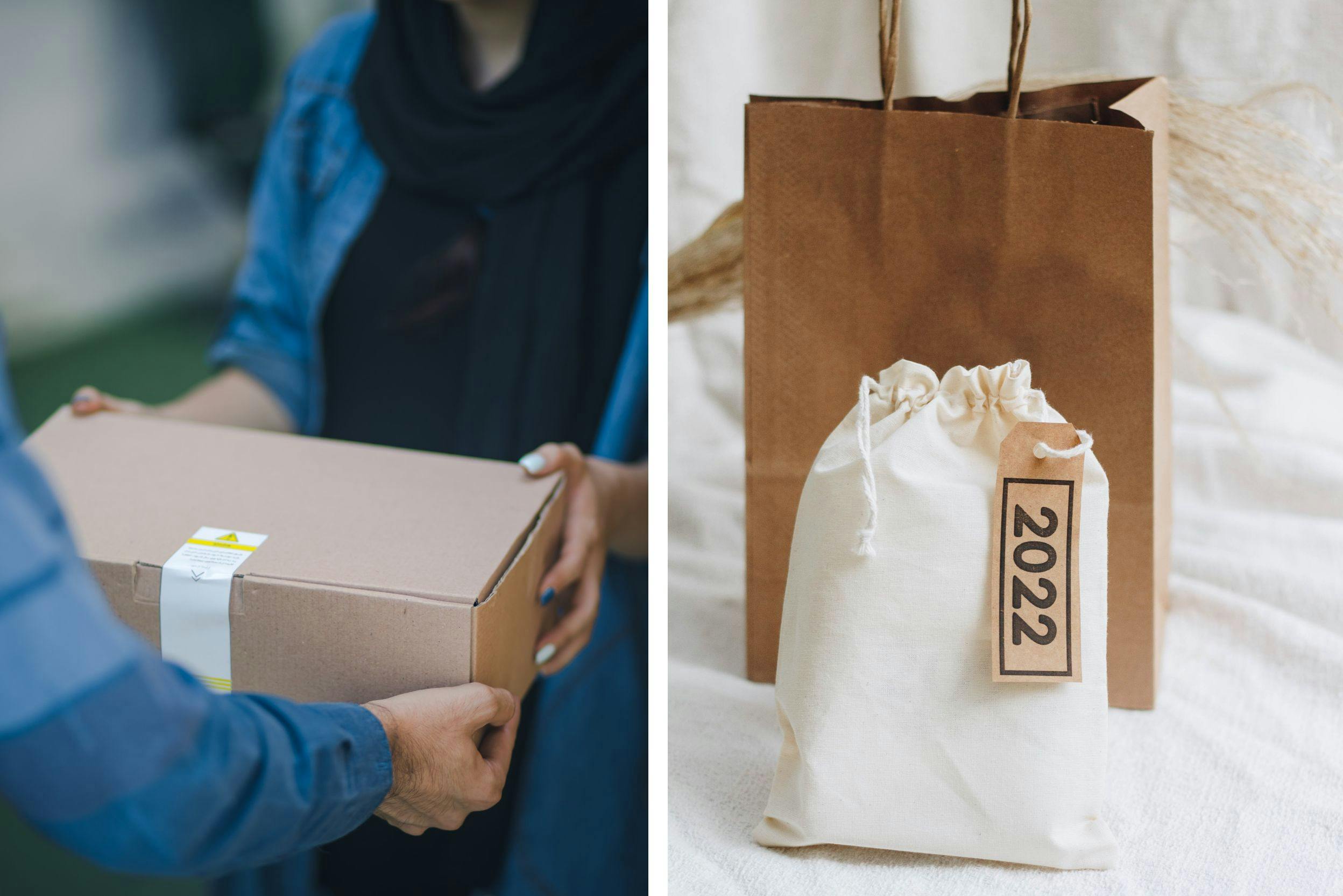Deux images de livraison, l'une avec deux personnes et une boite en carton, et l'autre, un sac en papier et un sac en tissu avec une étiquette 