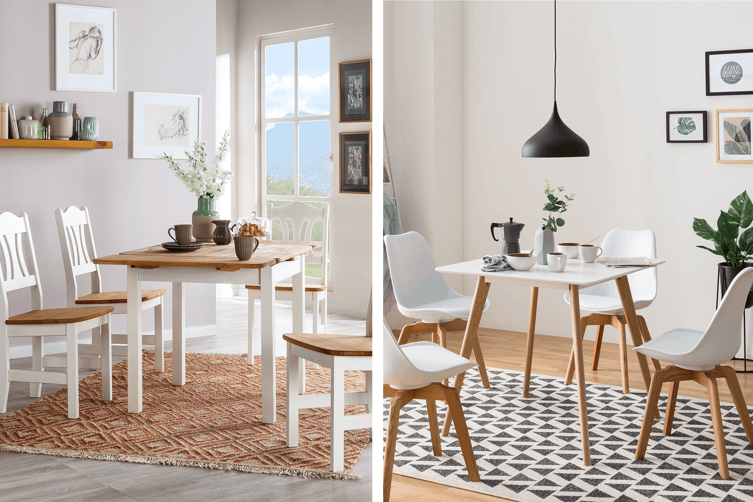 Due tavoli da pranzo quadrati bianchi con sedie assortite, in stile classico rustico (sinistra) e in stile nordico (destra)