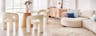 Soggiorno con zona pranzo integrata con un grande divano arrotondato beige su un tappeto rotondo grigio. Il tavolo rotondo in legno è circondato da sedie da pranzo di design in tessuto bouclé, anch'esse di forma organica, e da una lampada da tavolo e una a sospensione in rattan.