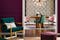 Eetkamer in glamoureuze art-decostijl met groene en roze fluwelen stoelen