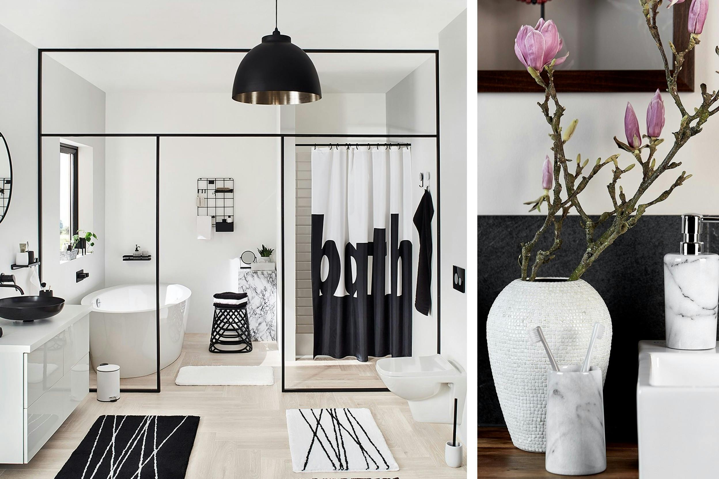 Zwart wit badkamer marmeren badkameraccessoires voor een zwart wit wand roze bloemen