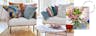 Deux fauteuils de style en tissu beige avec des coussins colorés dans des motifs printaniers ; tapis multicolore et un vase avec un bouquet de fleurs roses.