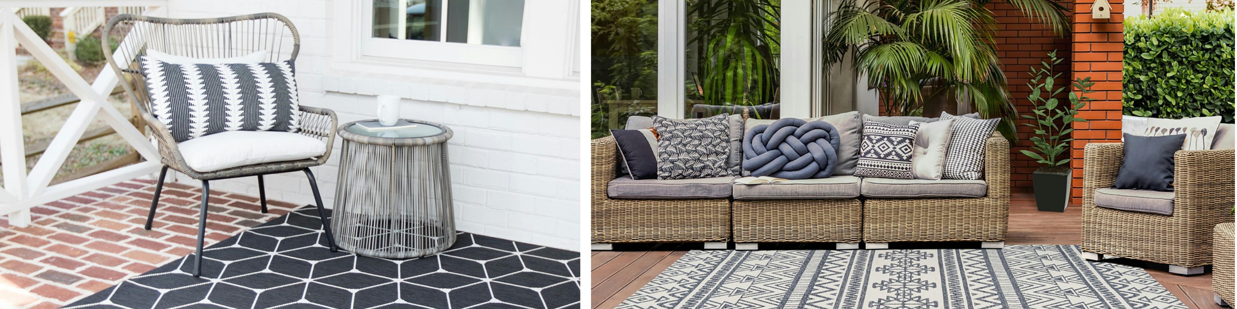 Terrasse mit Loungemöbeln, kuscheligen Textilien und wetterfesten Outdoor-Teppichen