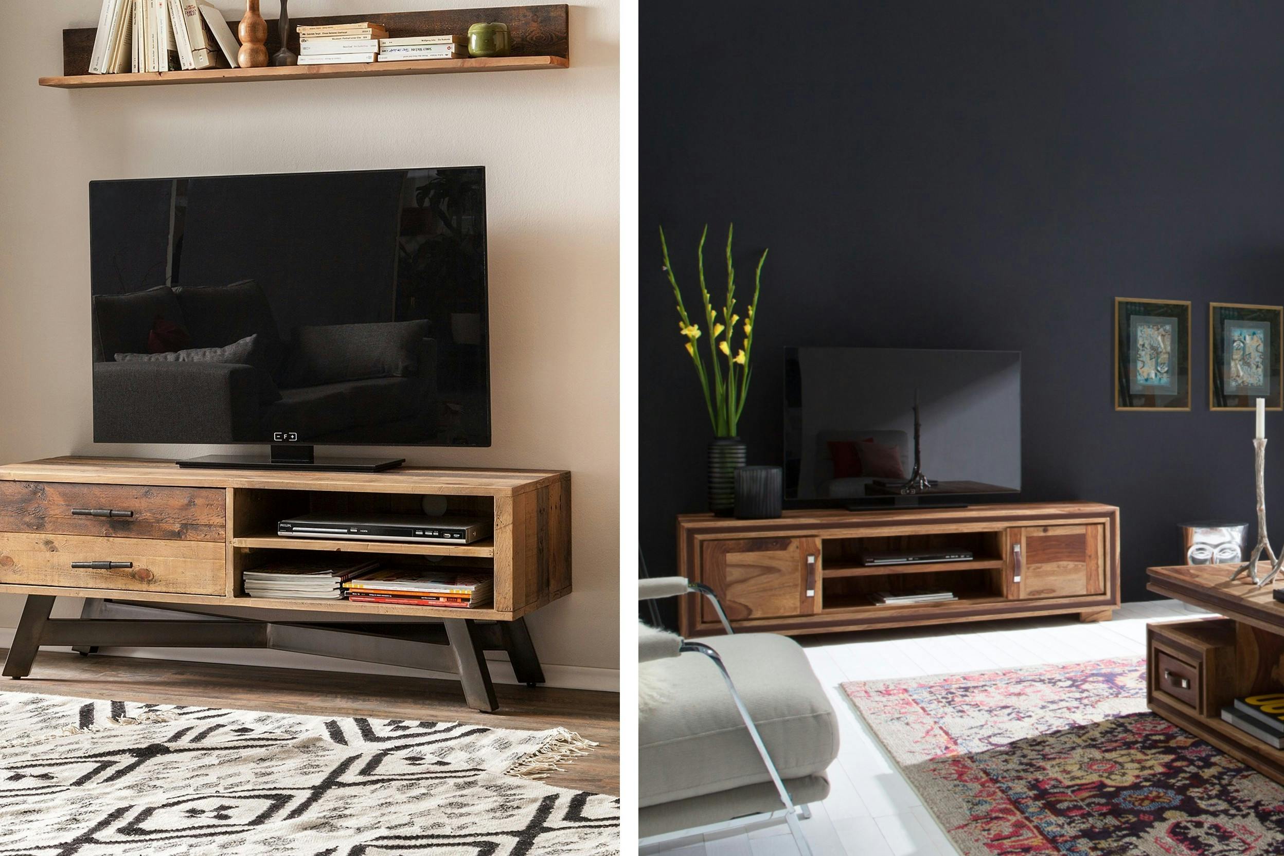 Due mobili TV in legno massello, uno in stile industriale, l'altro in stile moderno