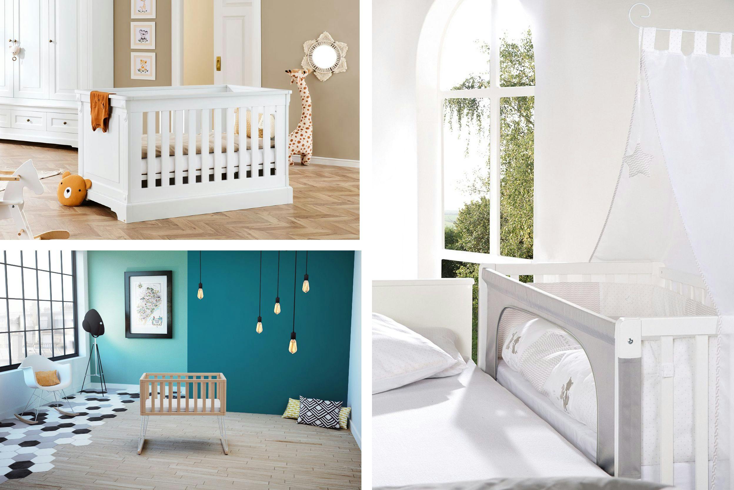 Trois photos de lits de bébé : un lit à barreaux blanc en bois massif dans une chambre aux tons nus, un berceau en bois massif clair, dans une chambre aux tons verts canard, et un cododo blanc près d'un lit blanc avec drap blanc et grande fenêtre 
