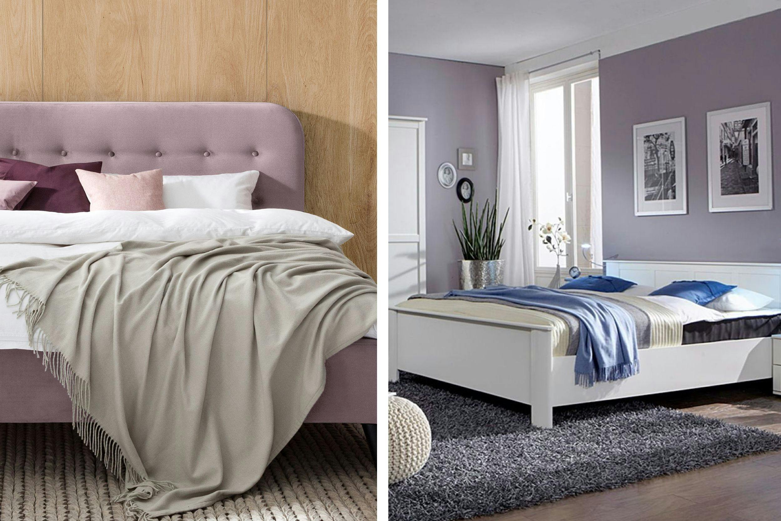 Combo de deux photos de chambres a coucher dont les couleurs sont variations de mauve clair