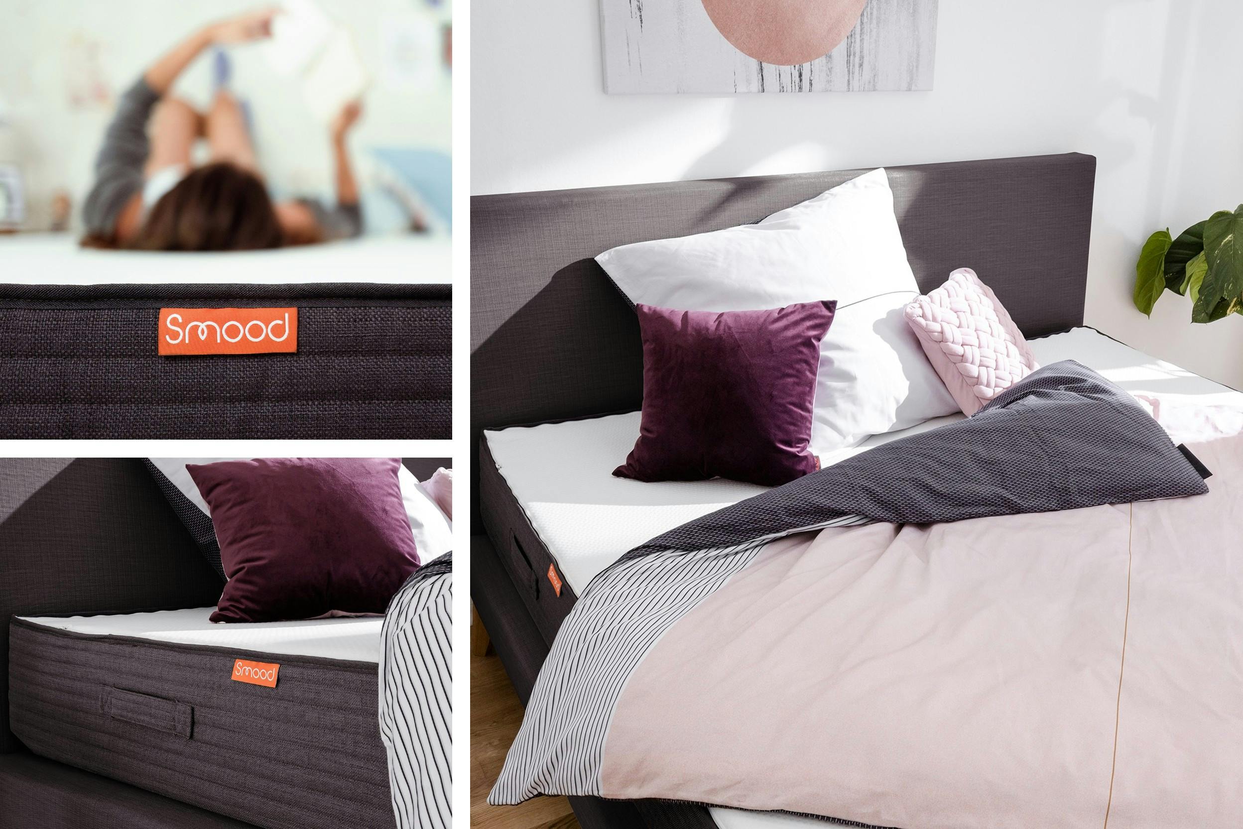 Hochwertige, hohe Matratze mit Frau darauf liegend (links) und Kissen-Decken-Set (rechts). Produktname: Smood (home24).