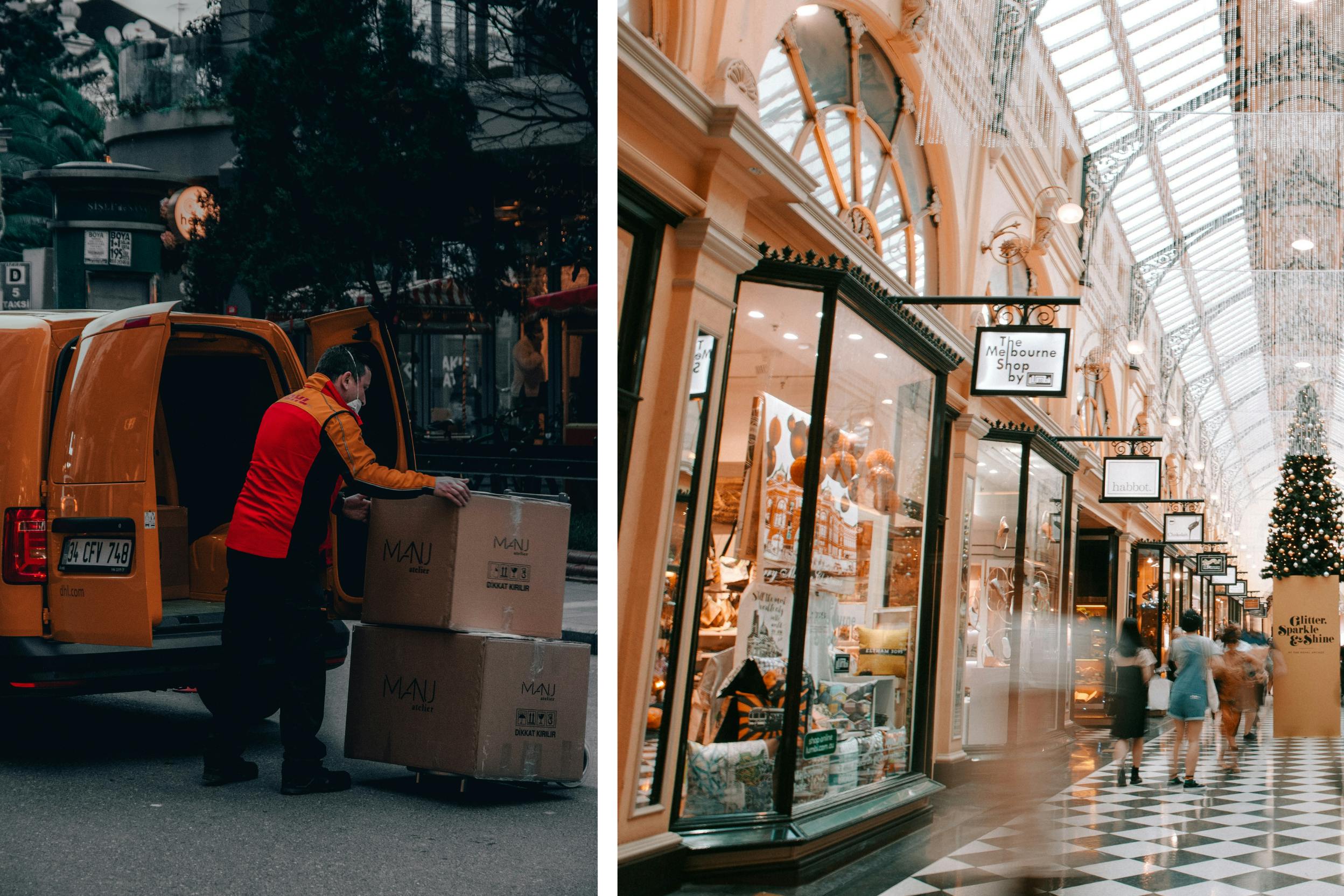 Paketmann liefert Pakete aus und Menschen shoppen in großem Einkaufszentrum