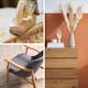 Collage van houten meubels, grijze fauteuil met houten frame en massief houten kast met pampasgras als decoratie
