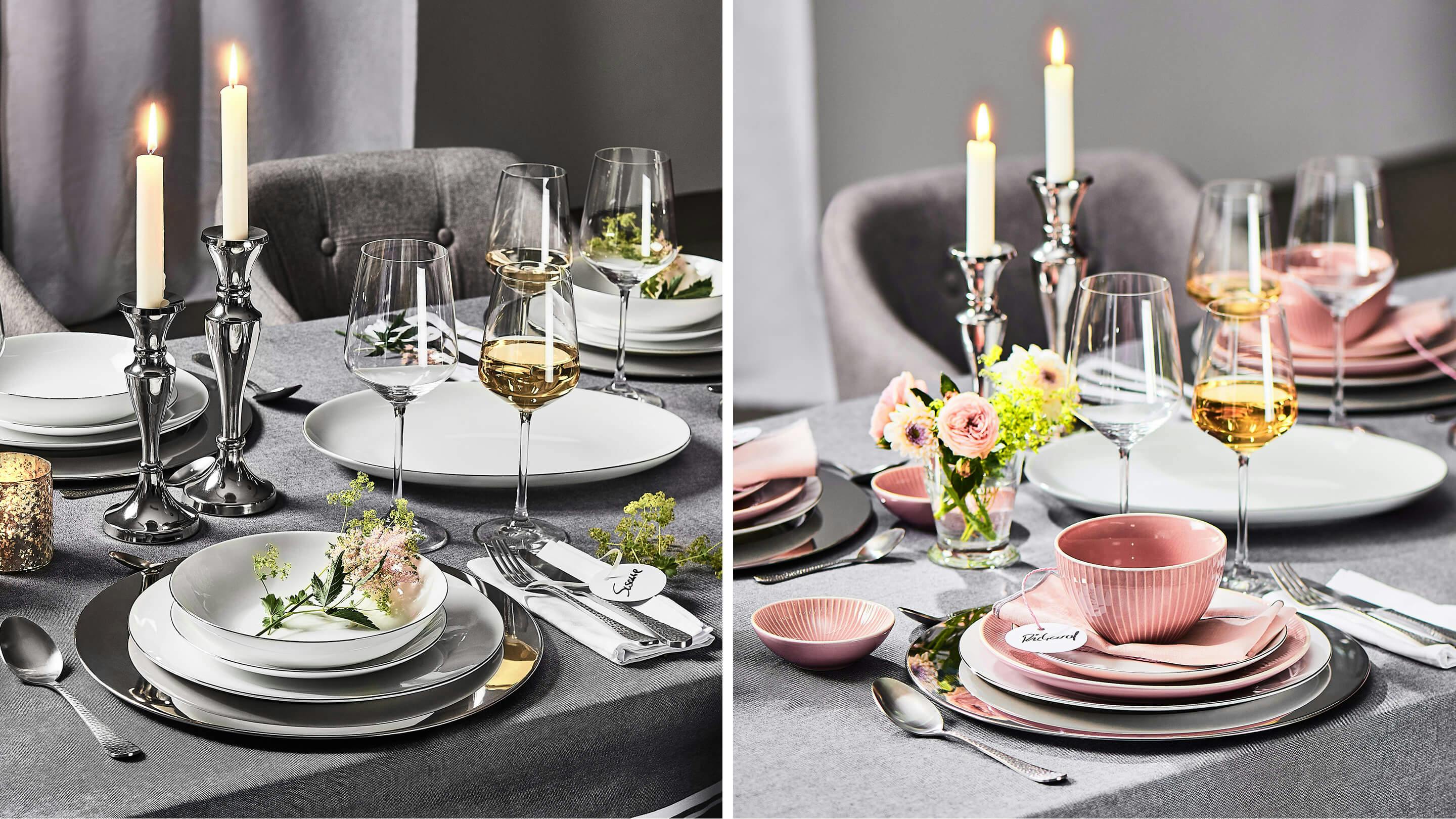 Tischdeko mit zwei Styles - modern-feierlich und romantisch-verspielt