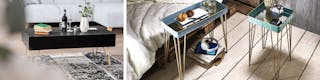 Tre tavolini con hairpin legs (gambe a forcina dorate), in soggiorno e in camera da letto, per un effetto chic e glamour