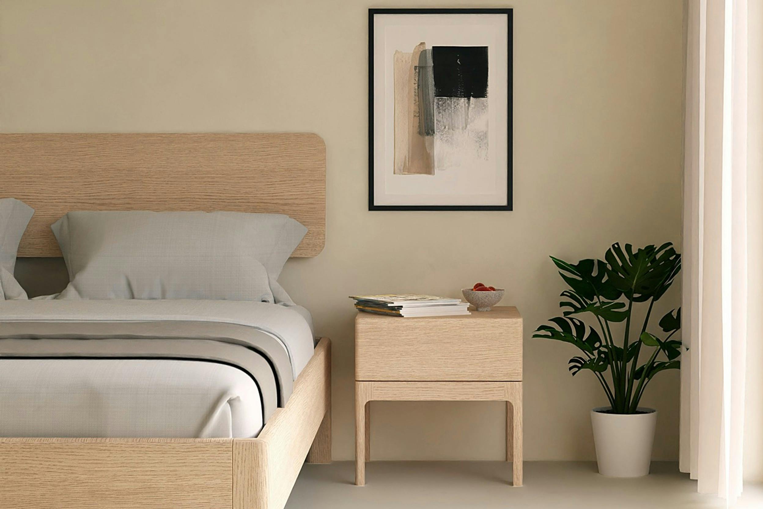 Holzbett mit passendem Nachttisch in einem minimalistischen, abgerundeten Design
