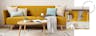 Canapé clic-clac jaune moutarde avec table basse en bois vus de face et vue plogeante sur le même canapé déplié en lit