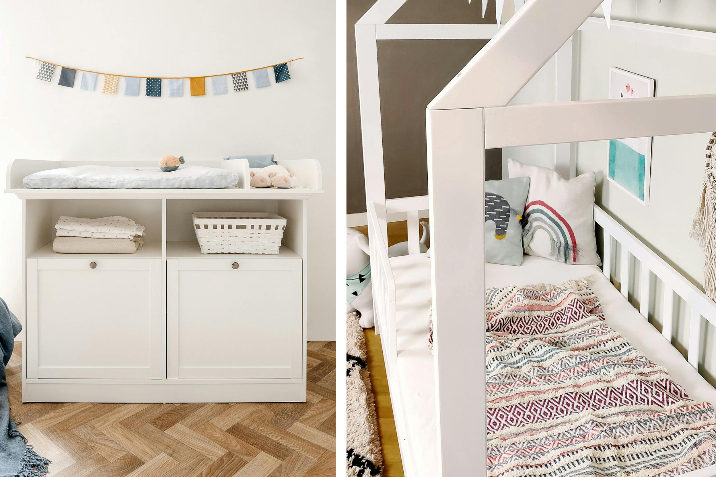 Kinderkamer met commode en bed in wit en rustige pastelkleuren