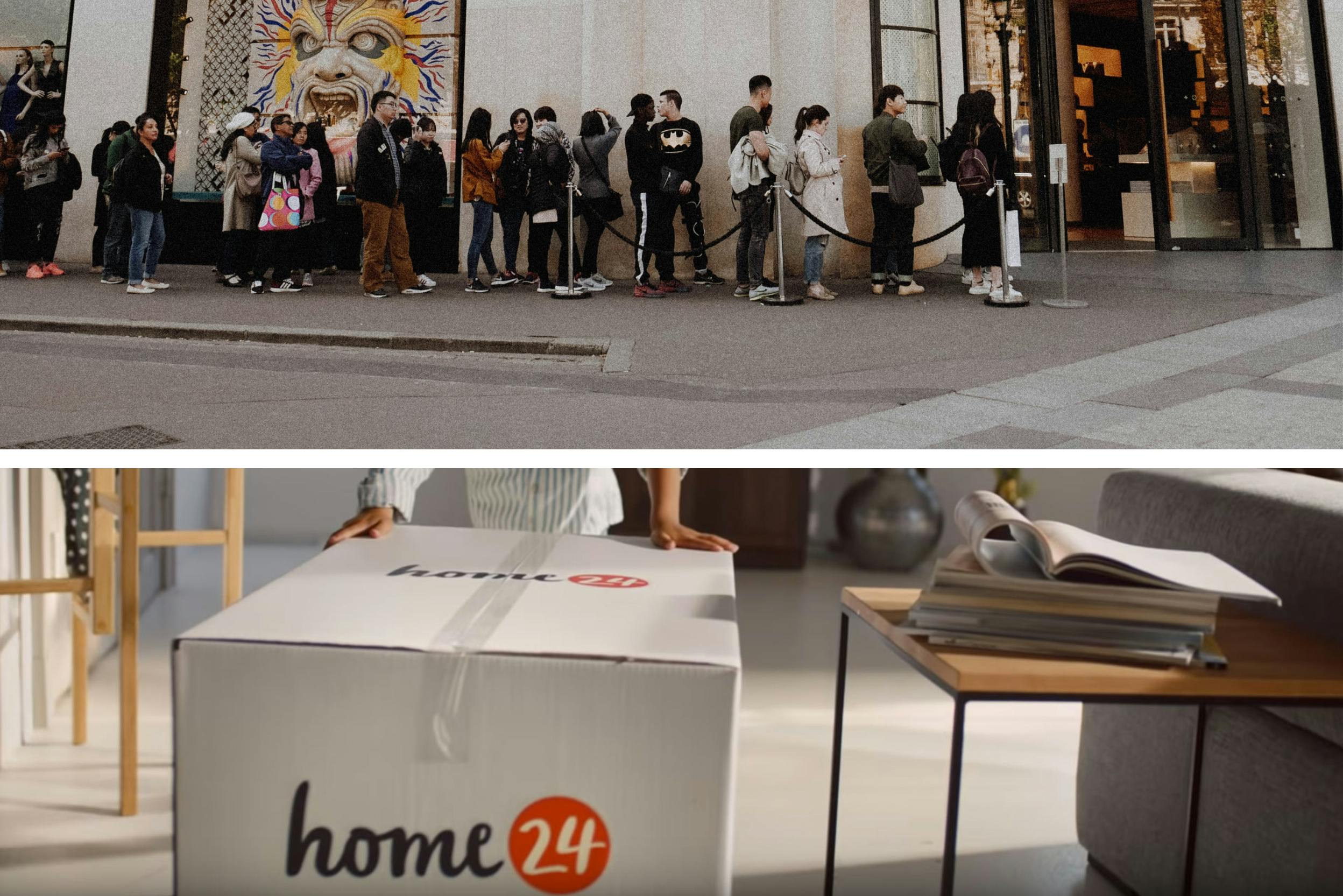Warteschlange vor Geschäft und Anlieferung eines Pakets von home24