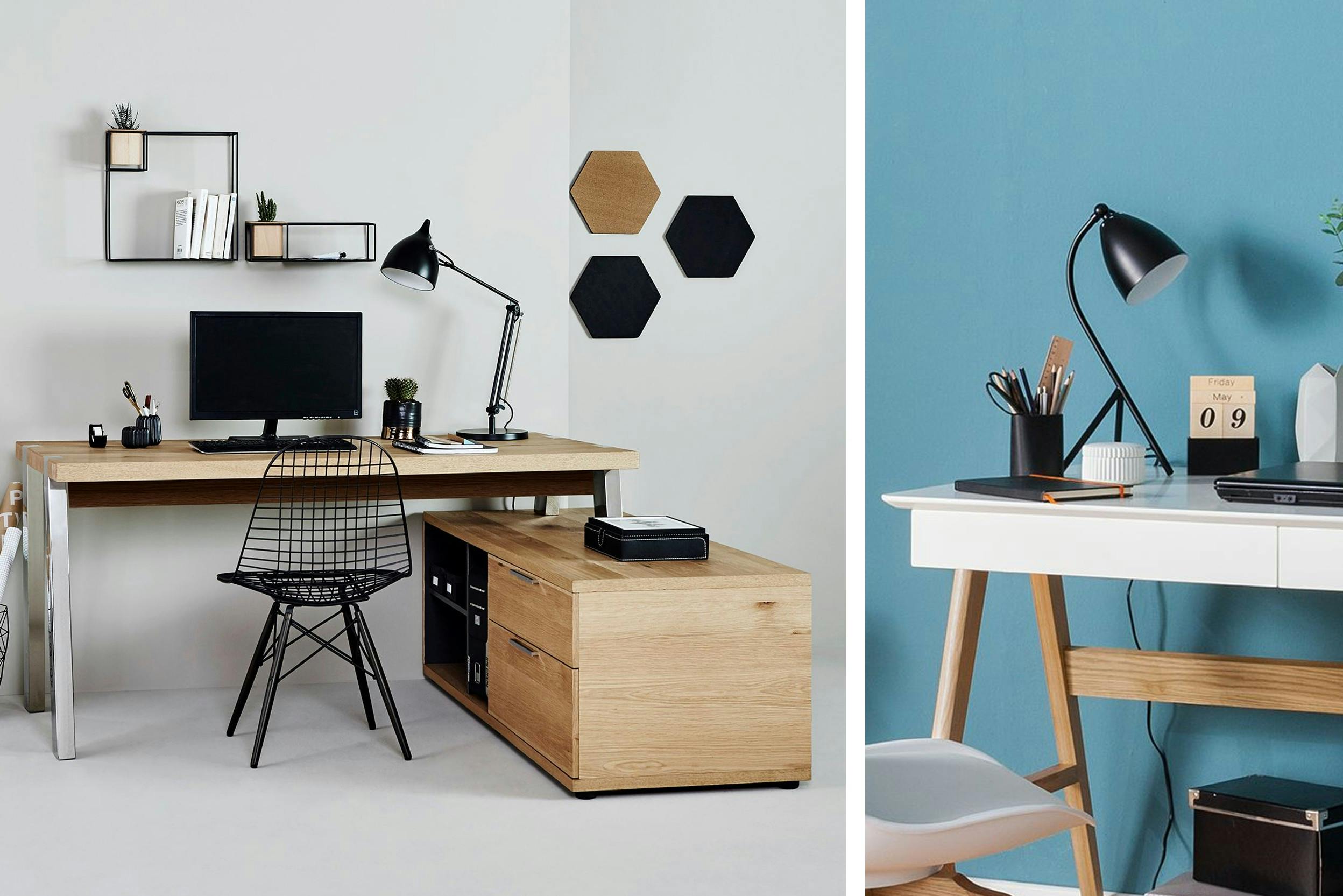 Combo de deux photos d'espaces de travail avec bureaux, chaises et lampes de bureau