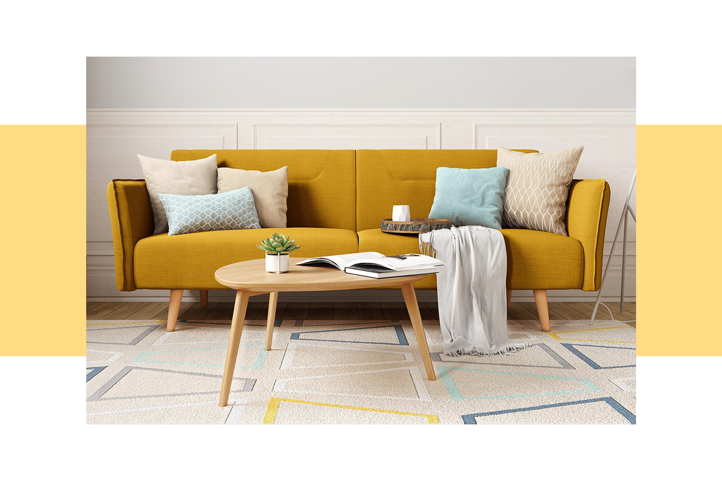 Senfgelbes Klappsofa, frontal als Schlafsofa mit Couchtisch aus Holz