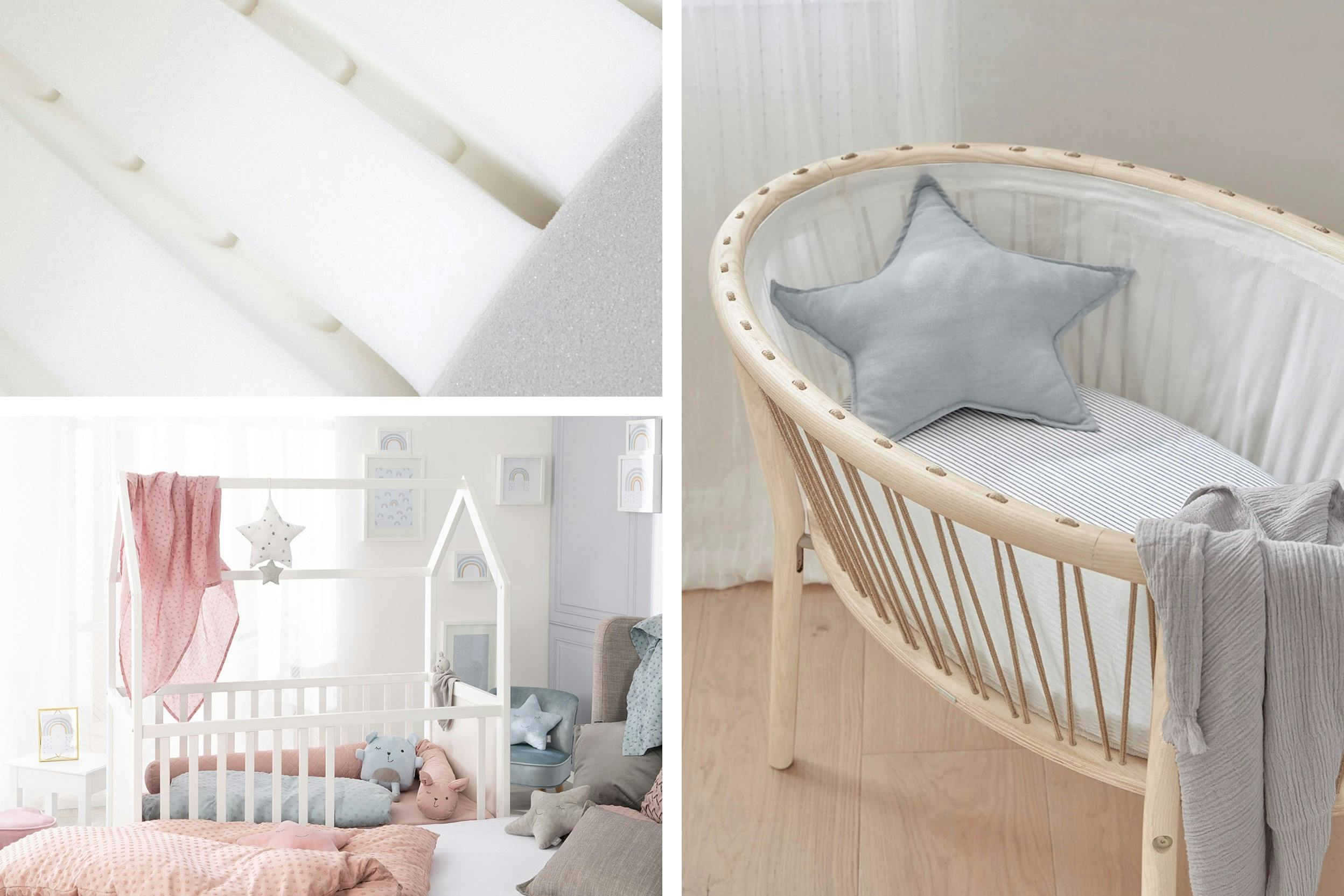 Rundes Babybettchen und weißes Gitterbett sowie passende Matratzen